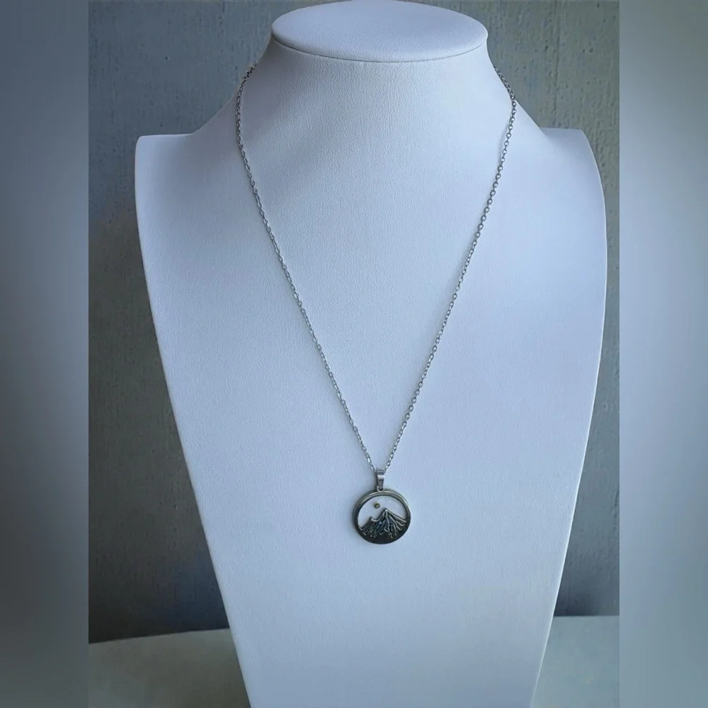 Silver Stainless Steel Abalone Mustard Seed Mountain Pendant Necklace